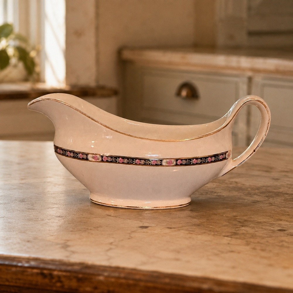 Vintage WS George Derwood-6 Gravy Boat Pink Floral Gold Trim Cream 1448
